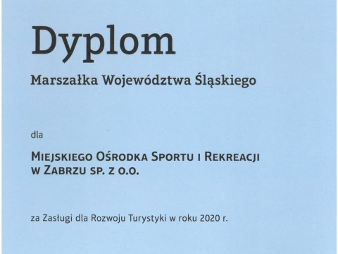 MOSiR Zabrze nagrodzony za Zasługi dla Rozwoju Turystyki w roku 2020!